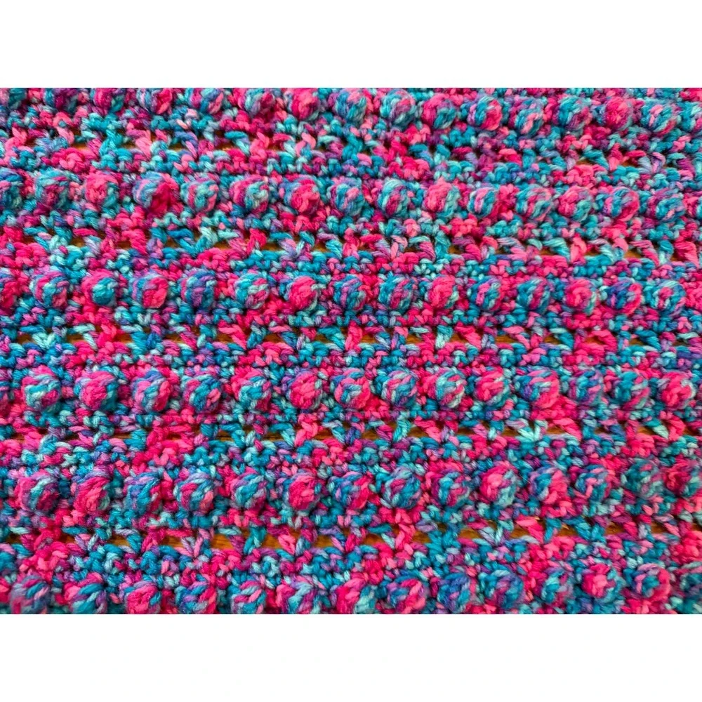Unbranded Blanket Unisex OS Crochet Popcorn Stitch Blue Pink Fringed EUC